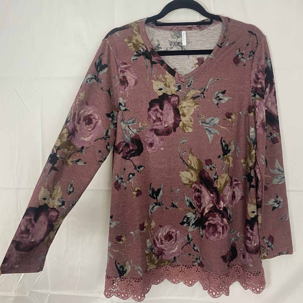 Pink Floral Lace Hem Long Sleeve Blouse Netsmile Women’s Size L Stretch Preowned